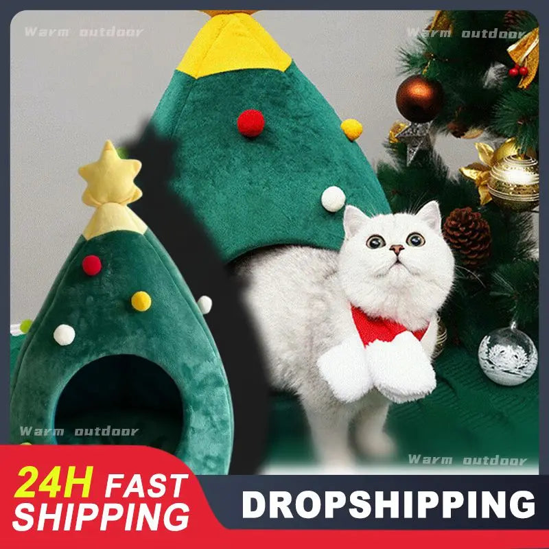 Exquisite Workmanship Cat Beds House Soft Nest Christmas Tree Shape Pet Bed Semi-closed Cat Cave Tent Litter Home Pet Products